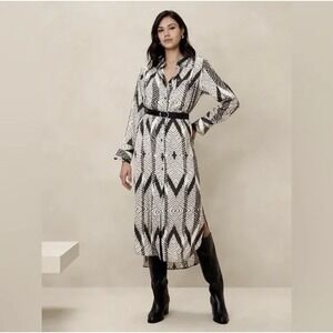 Banana Republic Satin Maxi Shirt Dress Black & Ivory Geometric | Women's M